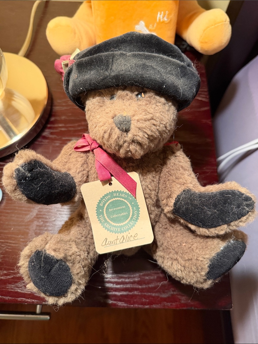 Boyds Bears Brown Plush Bear with Black Hat, Black Paw Patches and Red Ribbon